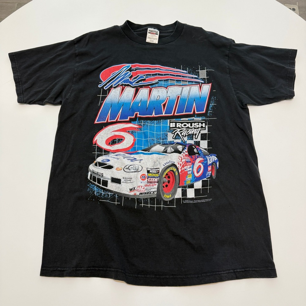Vtg 90s Mark Martin Roush Racing #6 Black Cotton Graphic T-Shirt Mens XL